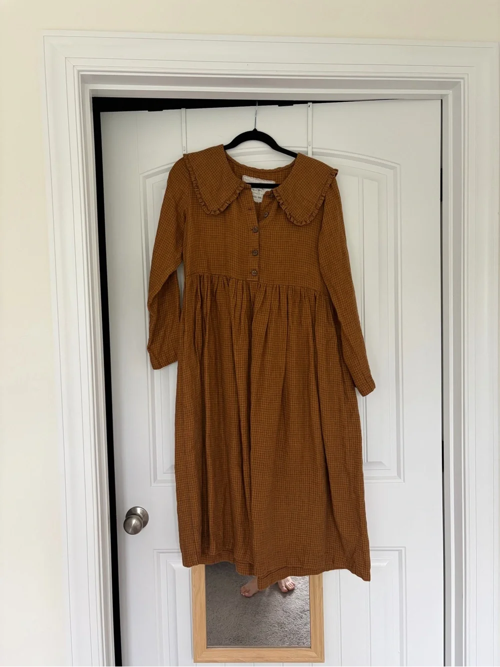 S/M Herringbone Ginger Checks Peter Pan Collar Dress